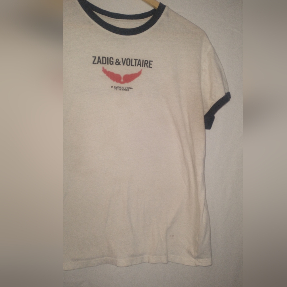 Zadig & Voltaire White Tee with Black Trim and Red Wing Motif Size Large - Picture 3 of 6